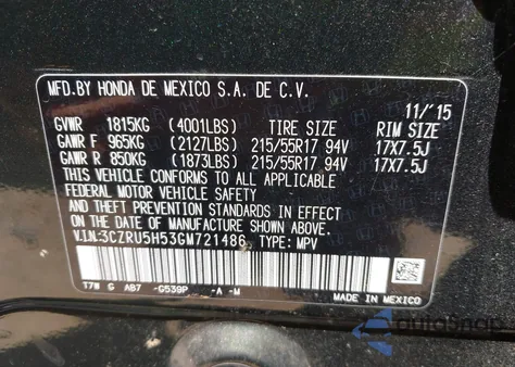 2016 Honda Hr-V Ex z USA, uszkodzony, nr VIN 3CZRU5H53GM721486